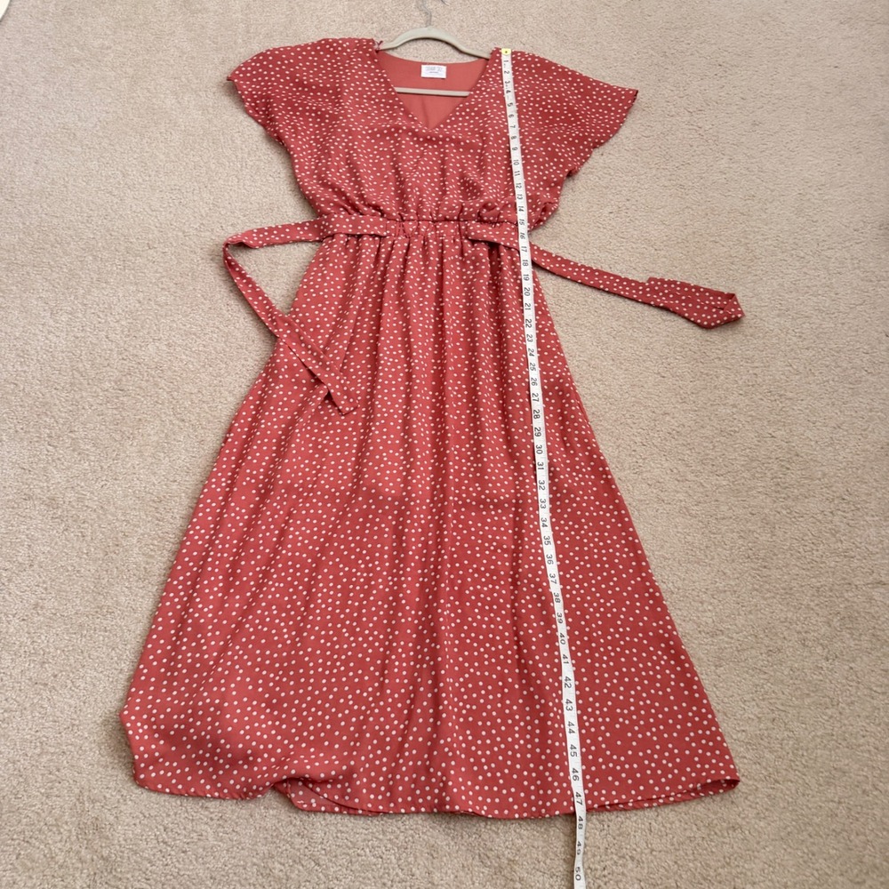 Sienna Sky Womens Rust Polka Dot V-Neck Flutter Sleeve Midi Dress Small - Picture 9 of 13